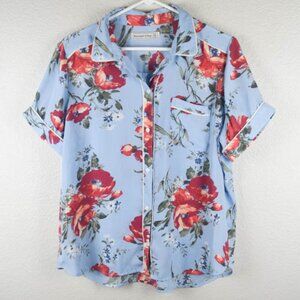 Abercrombie Fitch Womens XL Blue Red Floral Button Up PJ Shirt Top Blouse